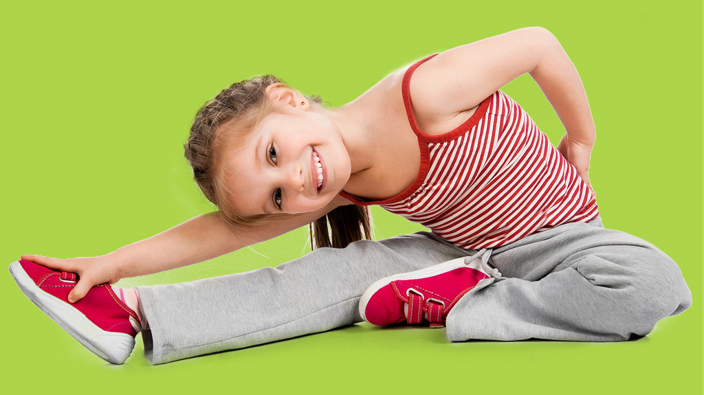 toddler stretching her arm and leg